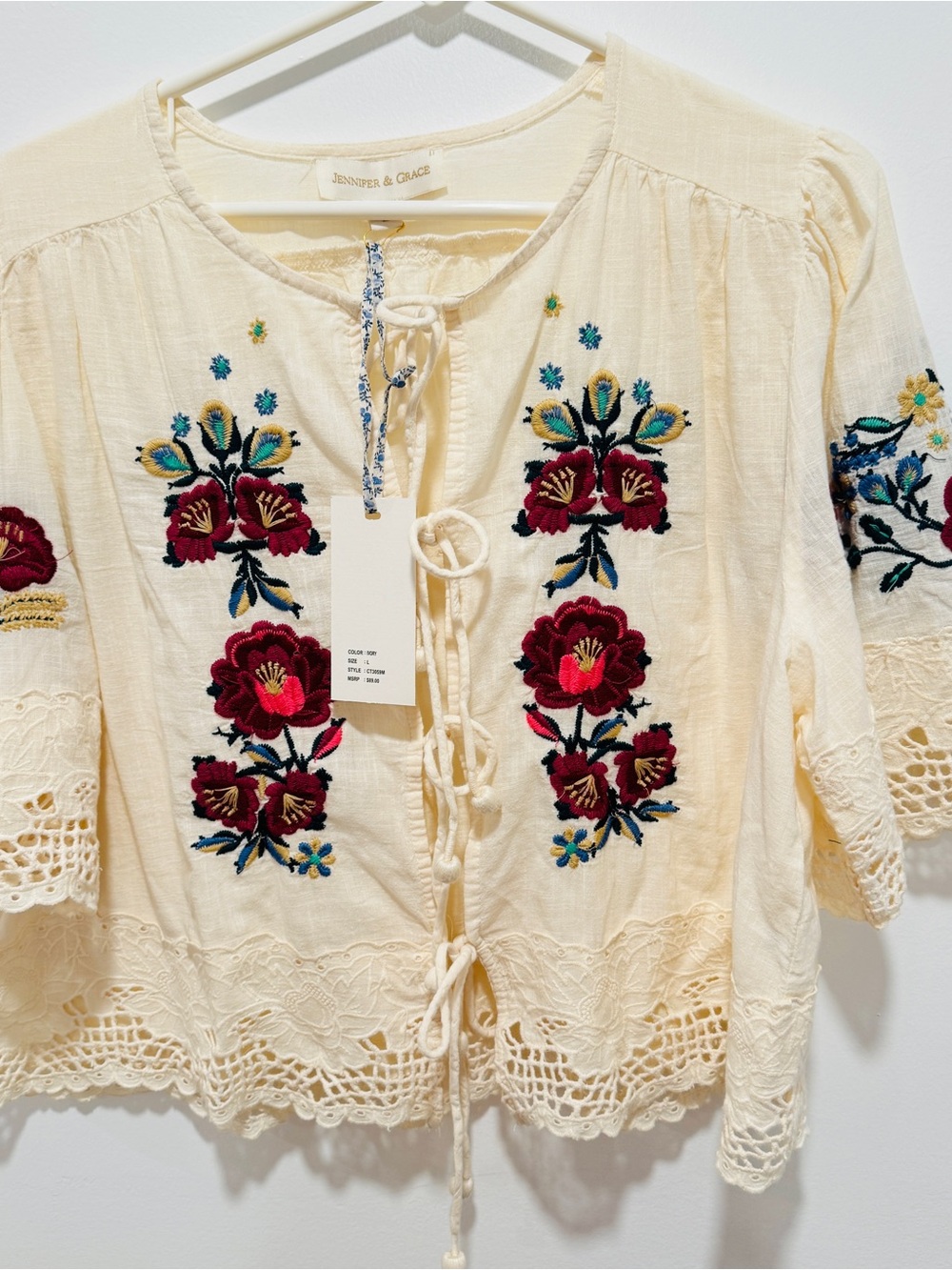 Jennifer & Grace Cream Embroidered Tie-Front Blouse